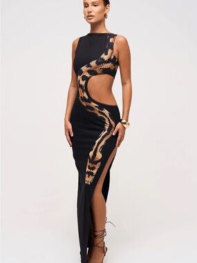 Murci Black Cutout Maxi Dress with Snake Print